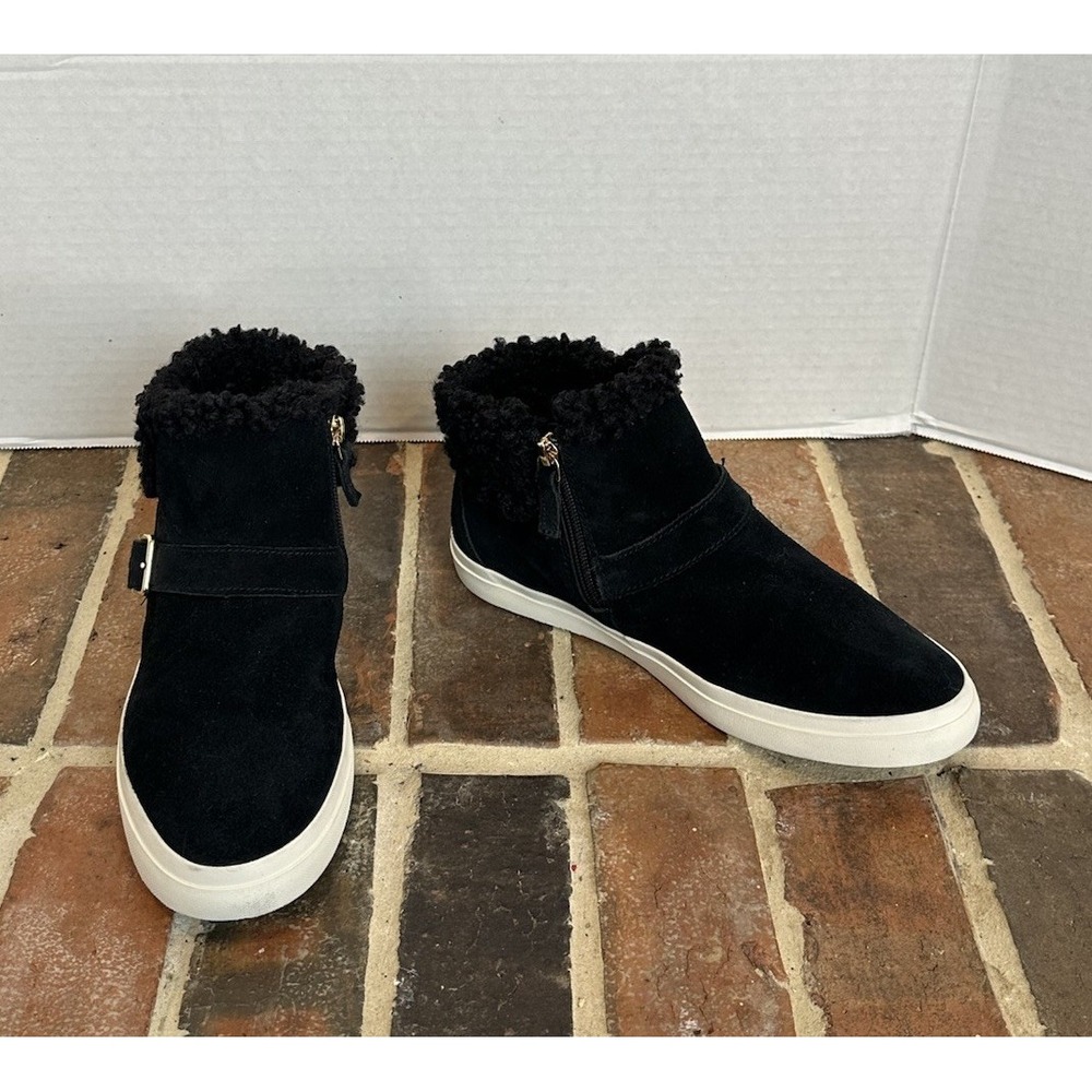 Cole Haan NANTUCKET Cozy Ankle Suede Boots H2O Black Faux-Shearling Trim Wm Sz 8 - Picture 2 of 7